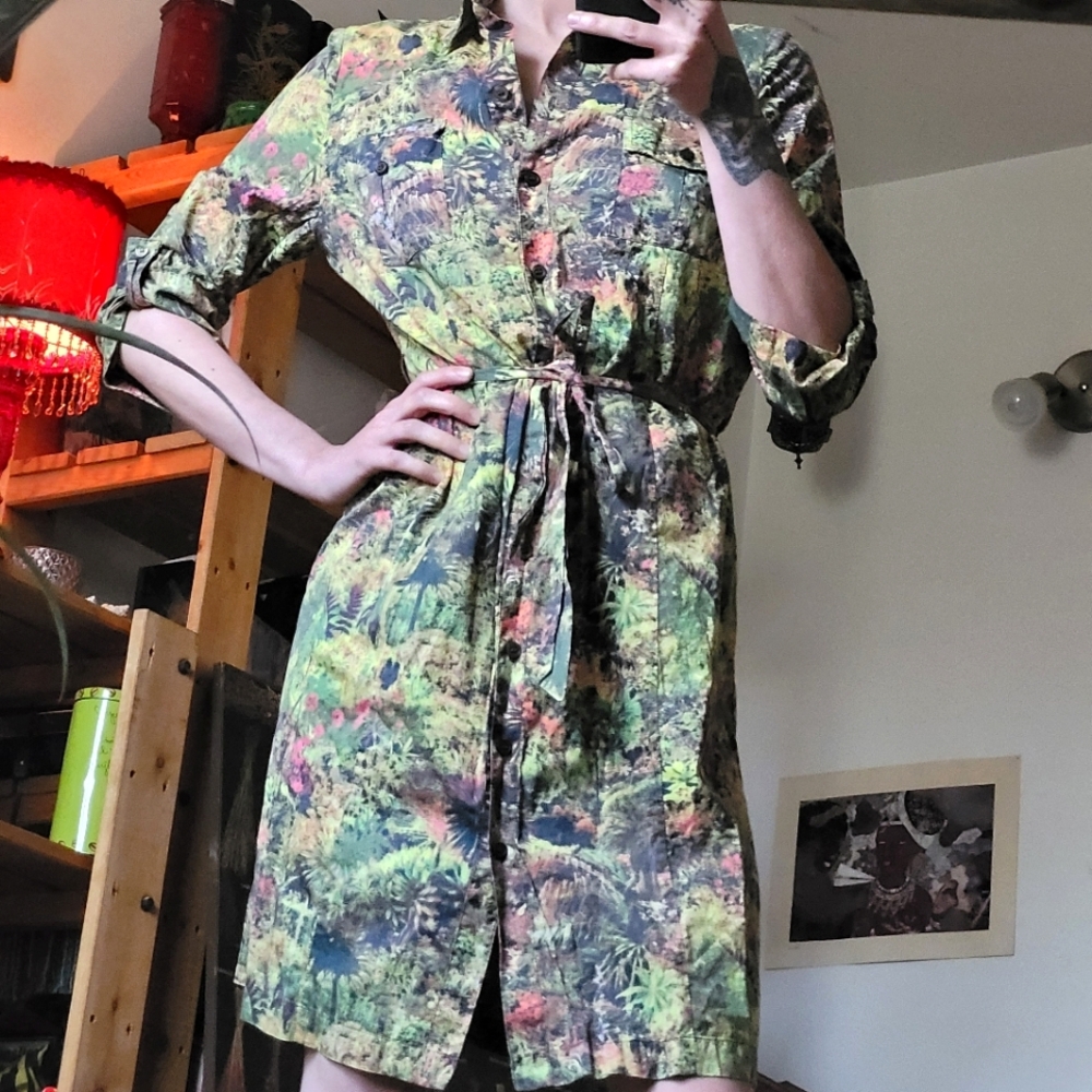 Liberty Art Fabrics Tropical Plant Print Midi Dress Shirt - S